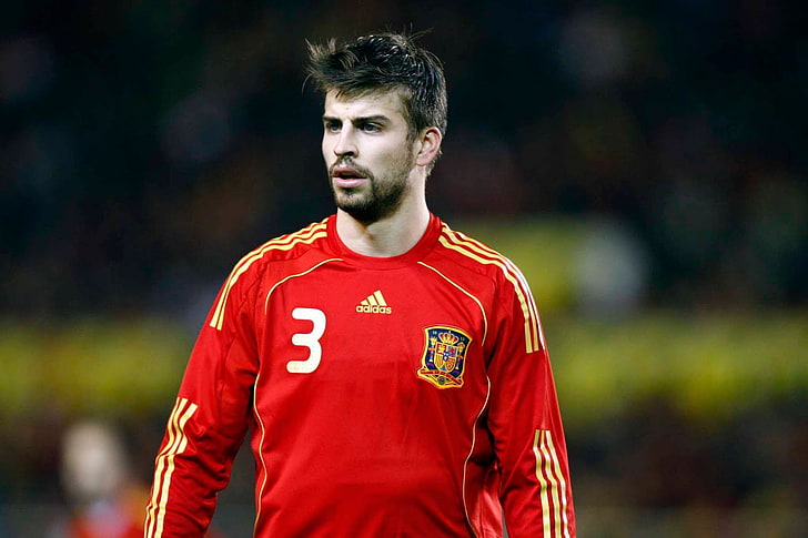 Gerard Pique, men's red and yellow adidas 3-printed crew-neck long-sleeved soccer jersey shirt, HD wallpaper