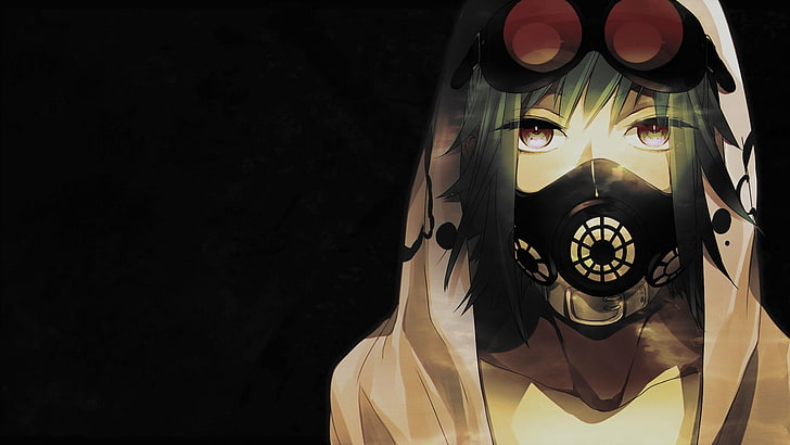 girl with green haired illustration, anime character wearing black face mask with goggles and hoodie