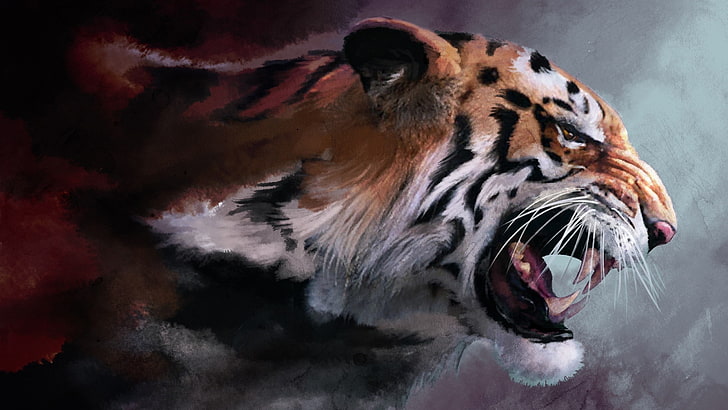 still life painting of tiger, artwork, animal, animal themes, HD wallpaper