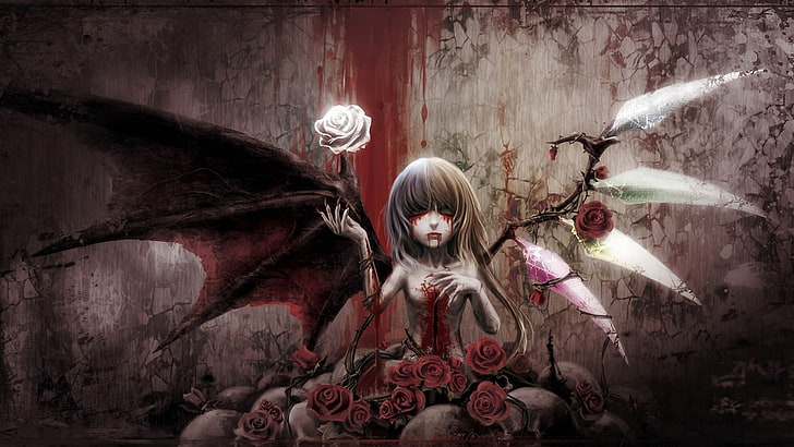 female anime character with wings wallpaper, Gothic, blood, spooky