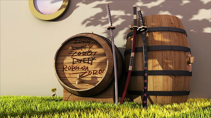 brown wooden barrels, One Piece, Roronoa Zoro, sword, katana