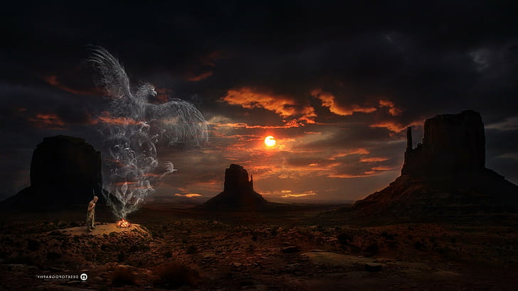 nature landscape mountain rock desktopography smoke digital art sun sunset men fire birds phoenix clouds stones valley magic