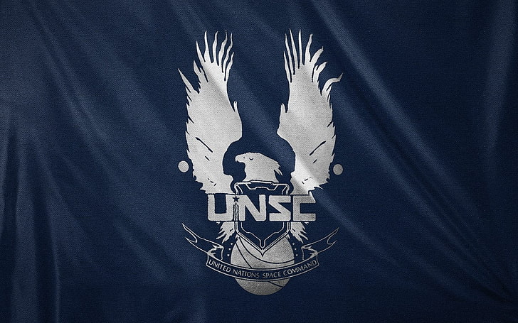 white eagle-printed flag, UNSC, Halo, no people, indoors, close-up