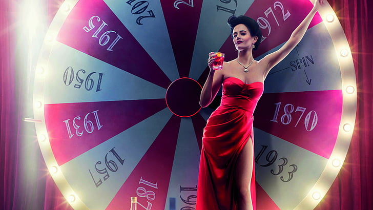 woman in red sweetheart neckline dress in front of roulette, Eva Green