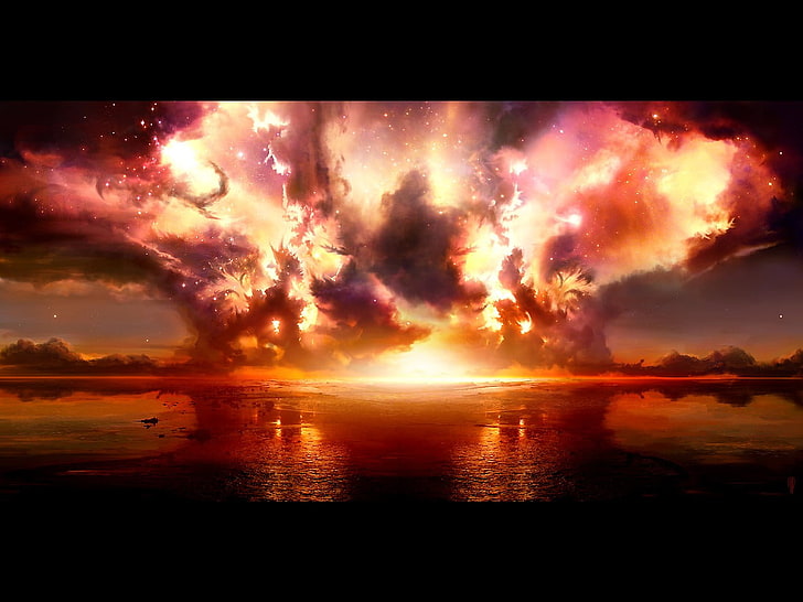 explosion digital wallpaper, galaxy, fantasy art, sunset, sky