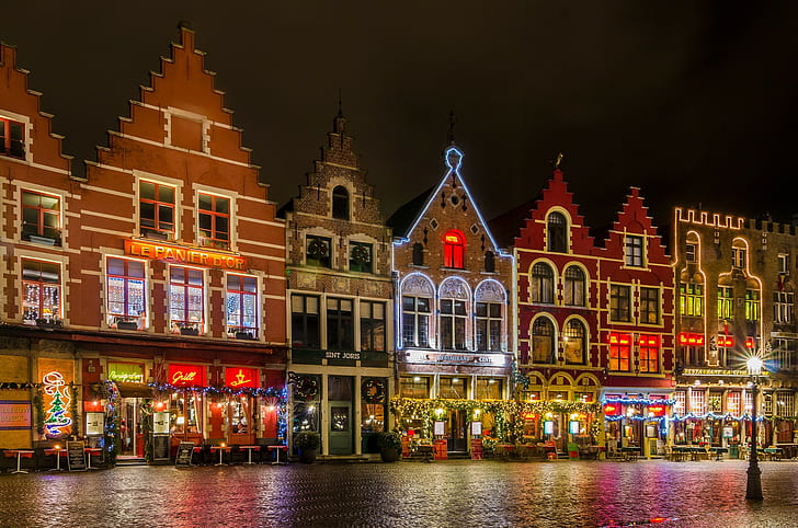 Belgium, Bruges, Grote Markt square, Night, lights, Christmas, HD wallpaper
