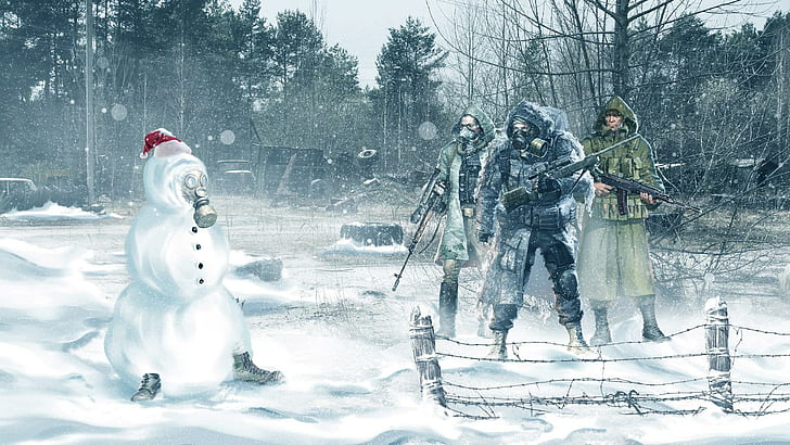 S.T.A.L.K.E.R. snowman, snowman with gas mask and 3 soldiers illustration