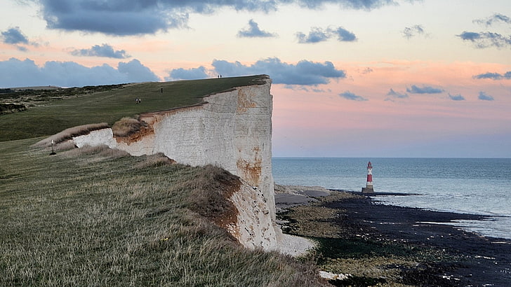 landscape, lighthouse, cliff, sea, shore, coast, nature, water, HD wallpaper