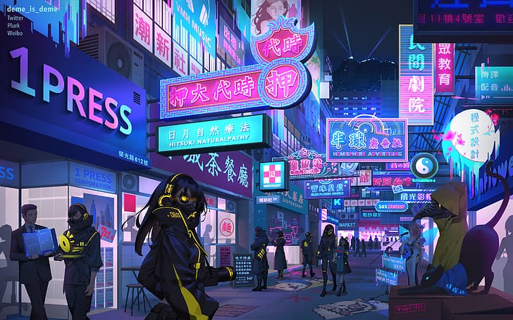 cyberpunk, neon, Japanese Art, cats, women, neon lights, digital art