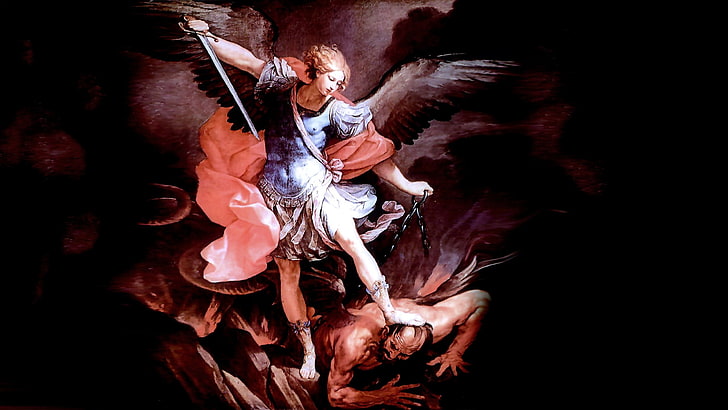 angel vs devil illustration, religion, fantasy art, indoors, studio shot