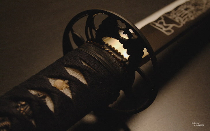 black sword, Espada, samurai, katana, weapon, indoors, shoe, close-up, HD wallpaper