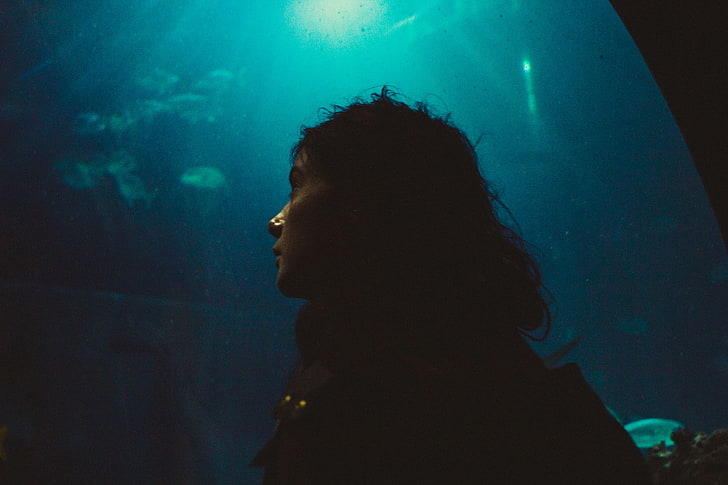 aquarium, women, side view, face, water, one person, underwater