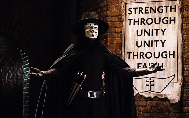 Guy Fawkes mask, movies, V for Vendetta, text, human representation