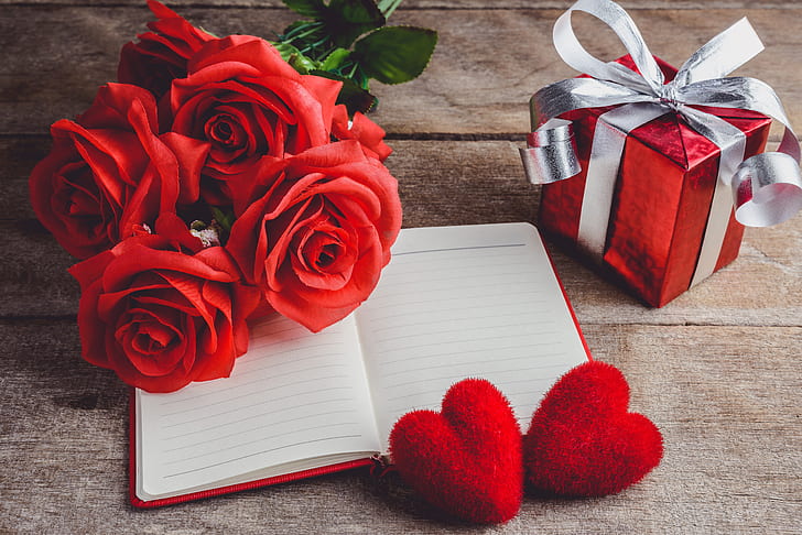 love, flowers, gift, heart, roses, red, romantic, hearts, valentine's day, HD wallpaper