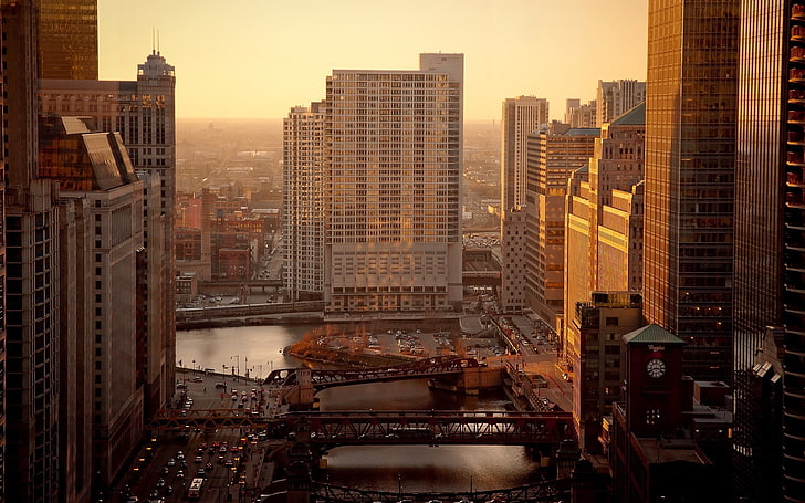 aerial view of city, cityscape, river, bridge, building, Chicago