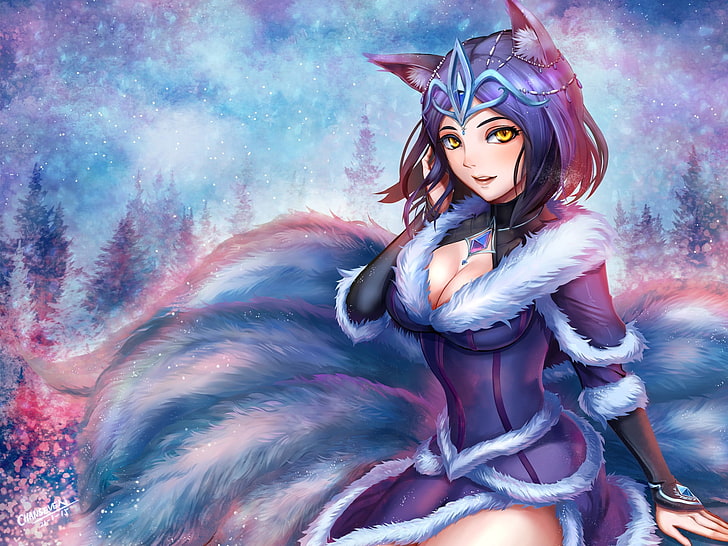 wolf girl character wallpaper, anime girls, cleavage, long hair