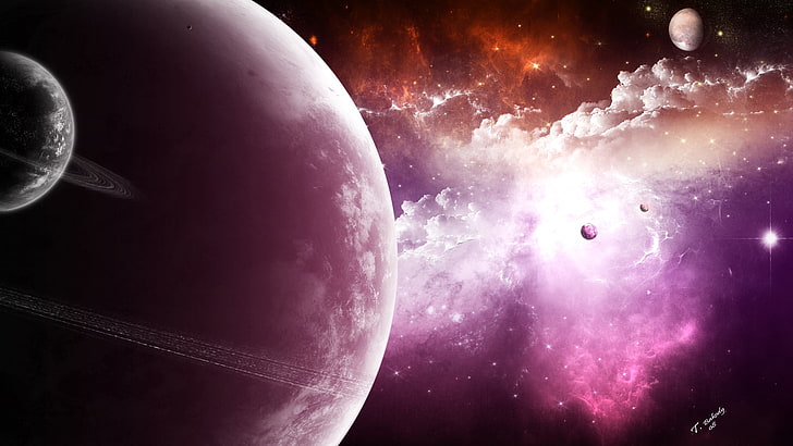 planets and s tars, space, digital art, colorful, space art, moon, HD wallpaper