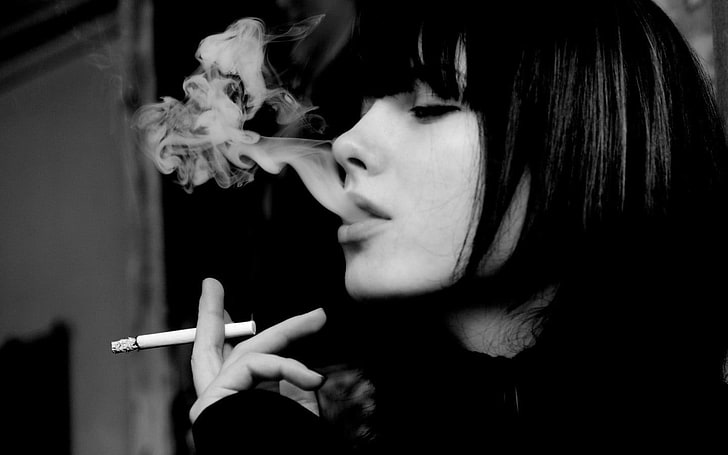 monochrome, women, cigarettes, smoke, smoking, bangs, Caucasian
