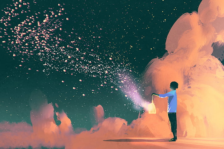 person holding lantern digital wallpaper, anime, clouds, night