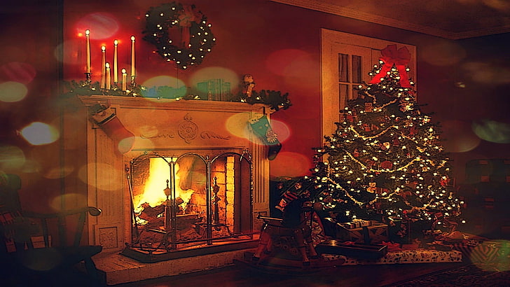 gray fireplace screen, atmosphere, lights, decorations, christmas