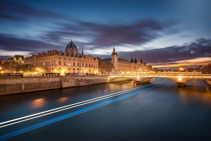 architectural photography of bridge and cathedral, La, conciergerie, HD wallpaper