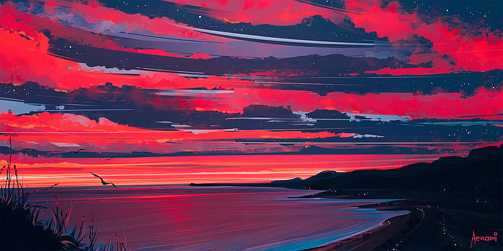 painting of beach under pale evening sky, artwork, Aenami, sunset, HD wallpaper
