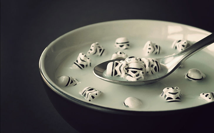 gray spoon, Star Wars, abstract, stormtrooper, cereal, milk bath