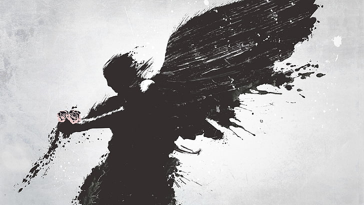 angel, wings, black and white, art, red roses, silhouette, illustration, HD wallpaper