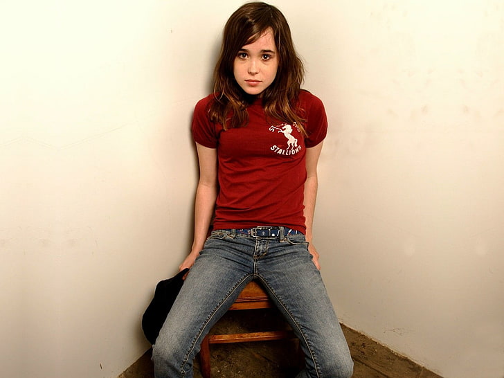 women's red crew-neck t-shirt and blue denim jeans, Ellen Page