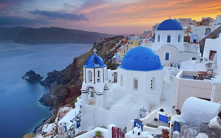 Greece, city, coast, blue dome church in santorini greece, hd, HD wallpaper