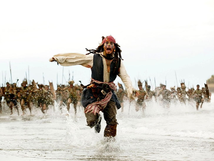 Jack Sparrow, Johnny Depp, Sea, Running, Pirates of the Caribbean