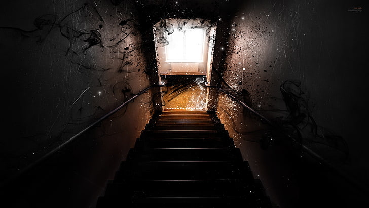 staircase between walls digital wallpaper, dark, black, smoke, HD wallpaper
