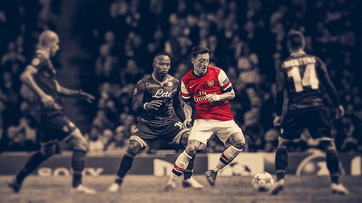 men's red and white jersey shirt, soccer, HDR, Arsenal Fc, Mesut Ozil