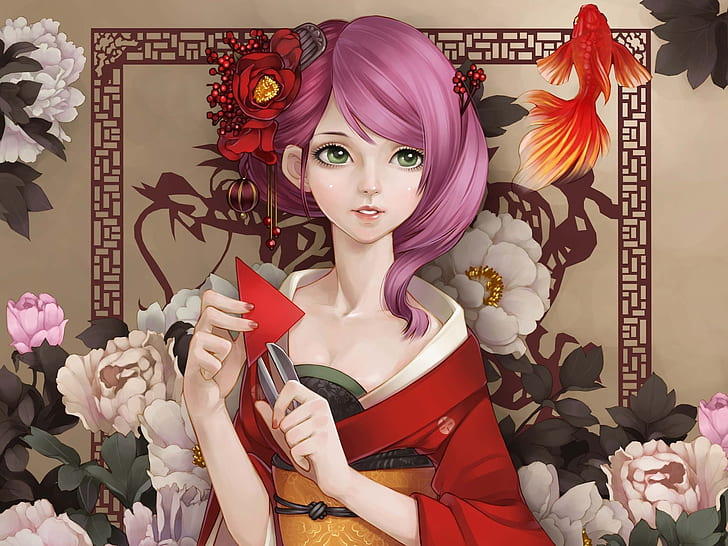 HD wallpaper: Beautiful kimono Japanese anime girl, pink hair, green eyes |  Wallpaper Flare
