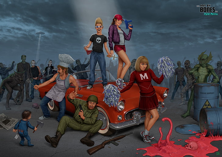group of people graphic wallpaper, werewolves, chainsaws, zombies