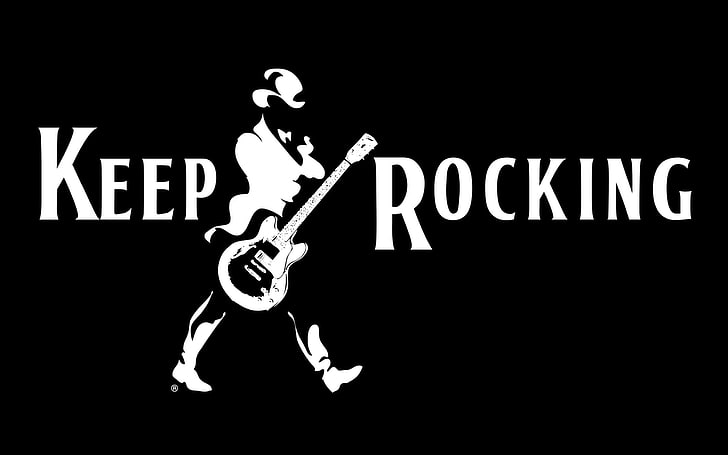 Keep Rocking illustration, quote, text, western script, black background