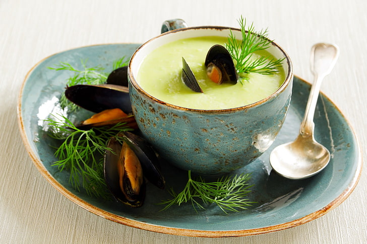 food, spoon, soup, mussels, food and drink, table, indoors, HD wallpaper