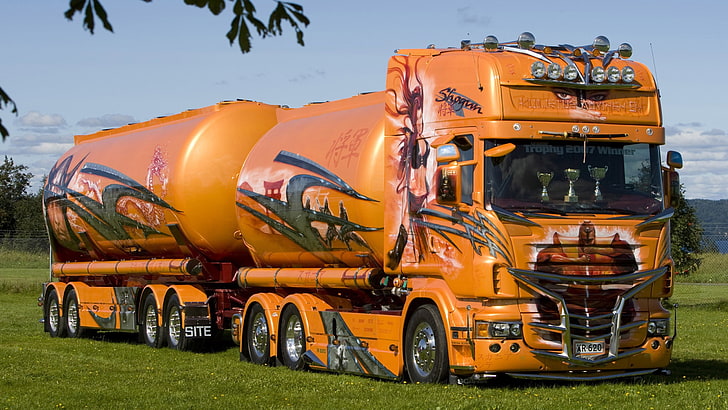 orange and black car interior, Truck, vehicle, mode of transportation, HD wallpaper