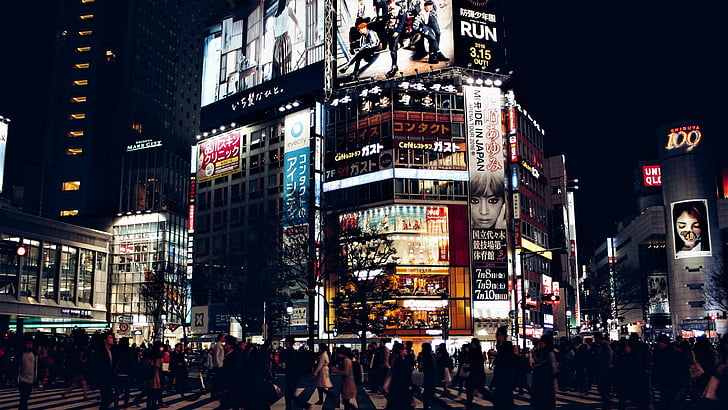 street, city, tokyo, japan, asia, night, city lights, crowd, HD wallpaper