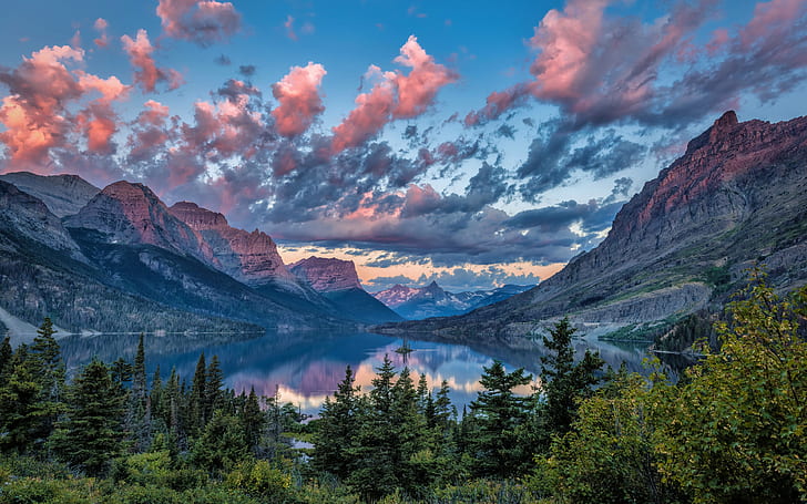 mountains, lake, island, Montana, USA, Saint Mary Lake, Wild Goose Island