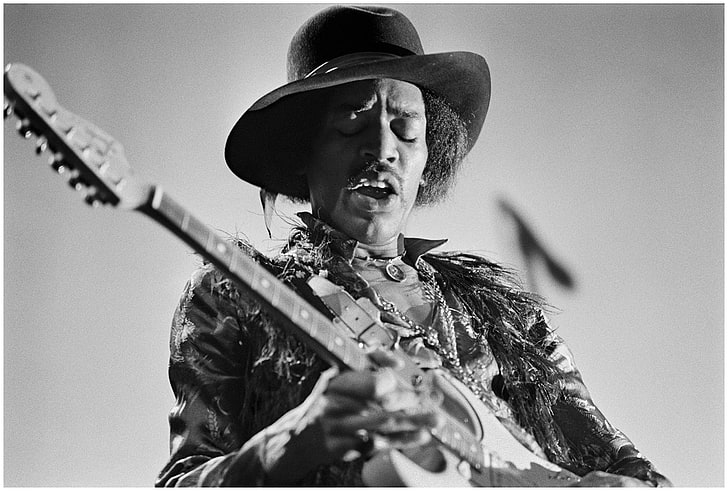 men, musician, Jimi Hendrix, monochrome, guitarist, simple background
