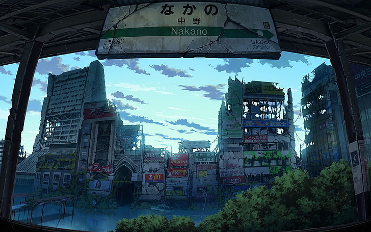 concrete structures digital painting, Japan, anime, Nakano, apocalyptic