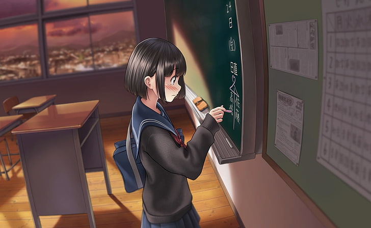 school girl, shy expression, short hair, bag, classroom, profile view