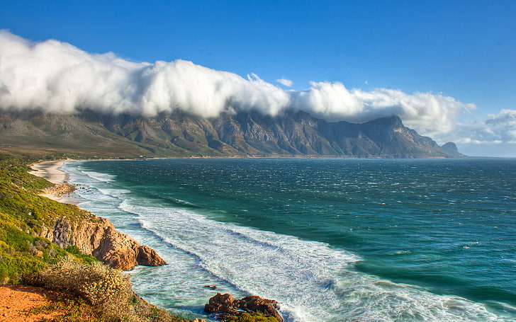 Western Cape South Africa Bay Kegel Sea Sea Coast Waves Rocky Mountains White Clouds Beautiful Landscape Wallpaper Hd 3840×2400, HD wallpaper