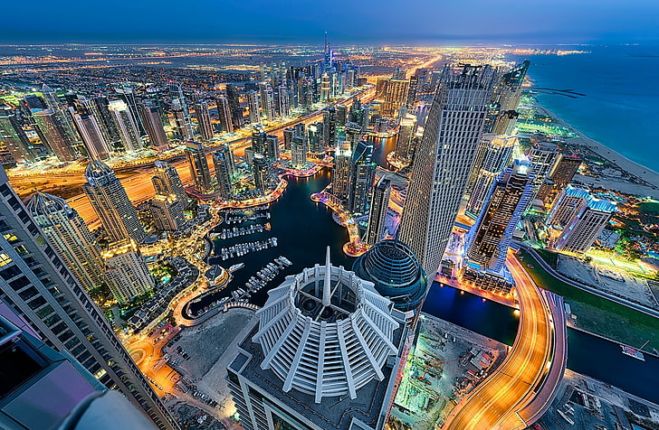 glass high rise buildings, sea, coast, panorama, Dubai, night city