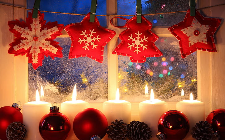 Merry Christmas, Christmas spirit, New Year, window, Star, snowflake, HD wallpaper