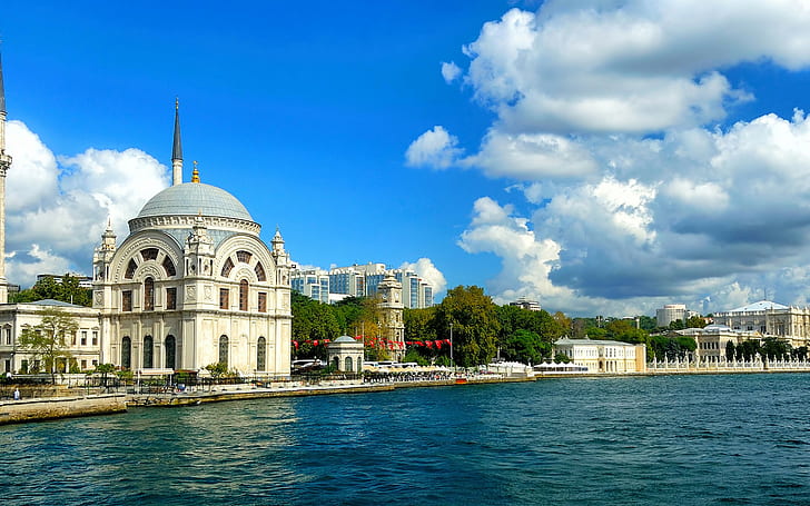 Beautiful Bosphorus sea, Dolmabahce Mosque, Muslims, Istanbul, HD wallpaper