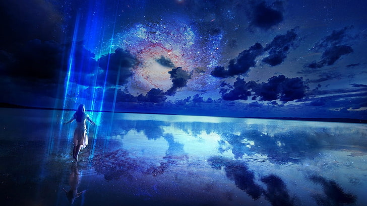 woman standing on body of water wallpaper, space, time, reflection