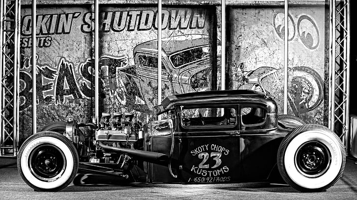 vintage vehicle, Hot Rod, monochrome, car, mode of transportation, HD wallpaper