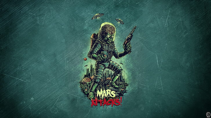 artwork, Mars Attacks, science fiction, humor, HD wallpaper